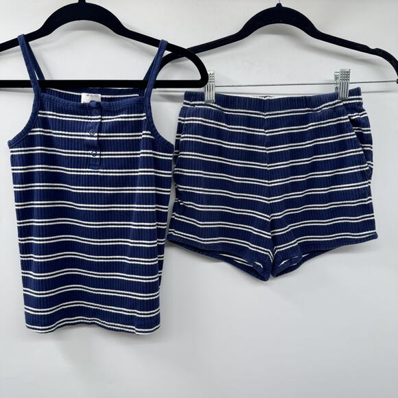 Hanna Andersson Girls Cotton Stretch Tank & Shorts Set Sz 10 Blue Striped Preppy - Picture 1 of 8